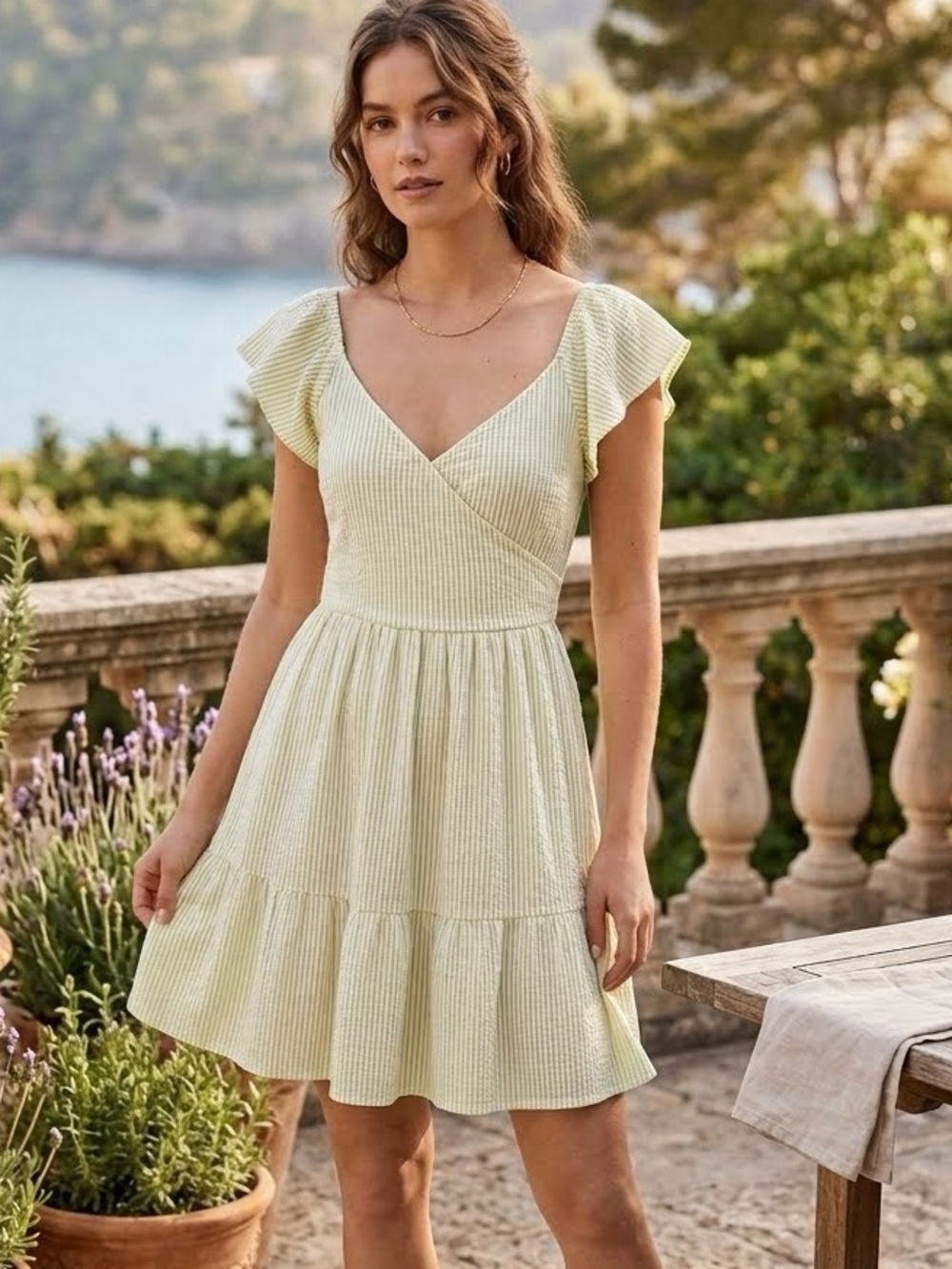 Caution To The Wind Green White Stripe Ruffle Cap Sleeve Dress